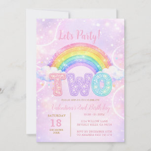 Regenbogen Rosa Lila Glitter Zweite Geburtstagsfei Einladung