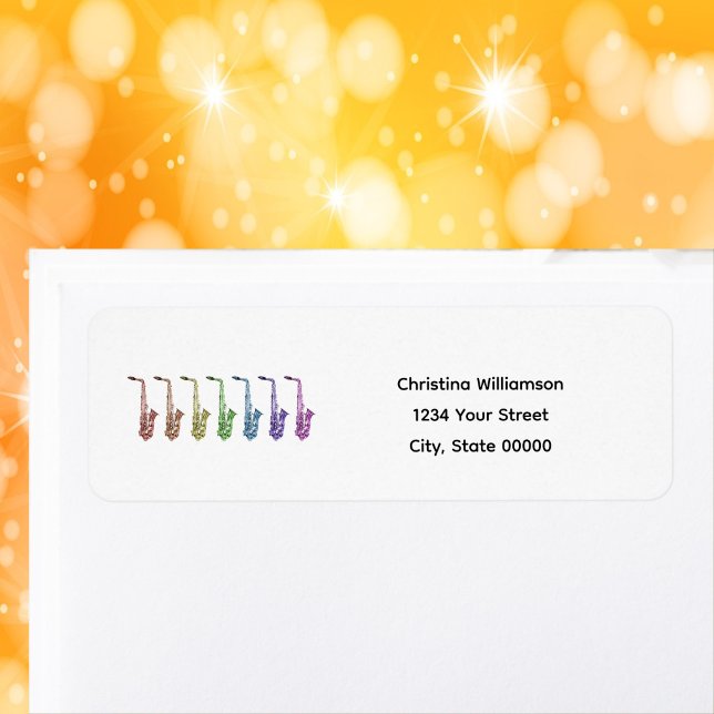 Regenbogen-Saxophon Farbige Personalisierte Rückke (A return address label with rainbow saxohones & text you can personalize.)