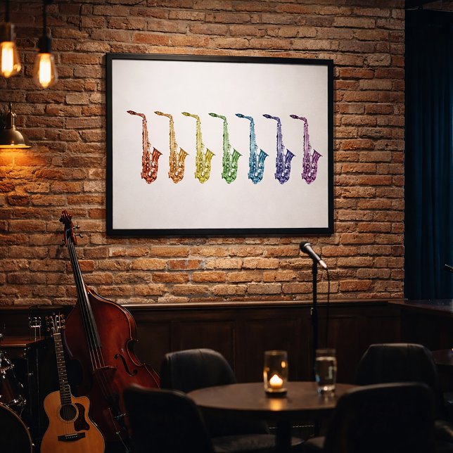 Regenbogen-Saxophon-Kunstposter Poster (A poster featuring a rainbow lineup of alto saxophones.)