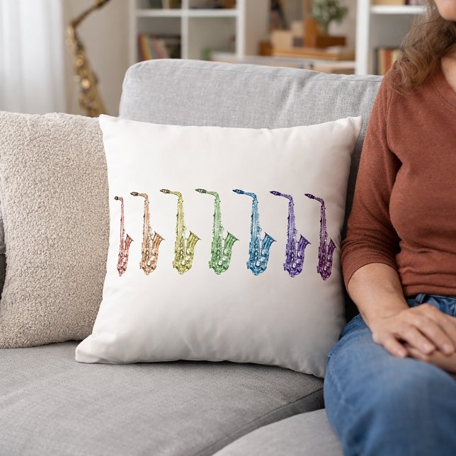 Regenbogen-Saxophone-Musik Kissen (A throw pillow with saxophones in red, orange, green, yellow, purple, blue & pink.)