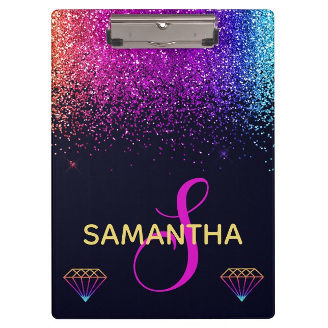 Regenbogen-Schimmer Glitter & Diamanten Monogramm Klemmbrett (Vorderseite)