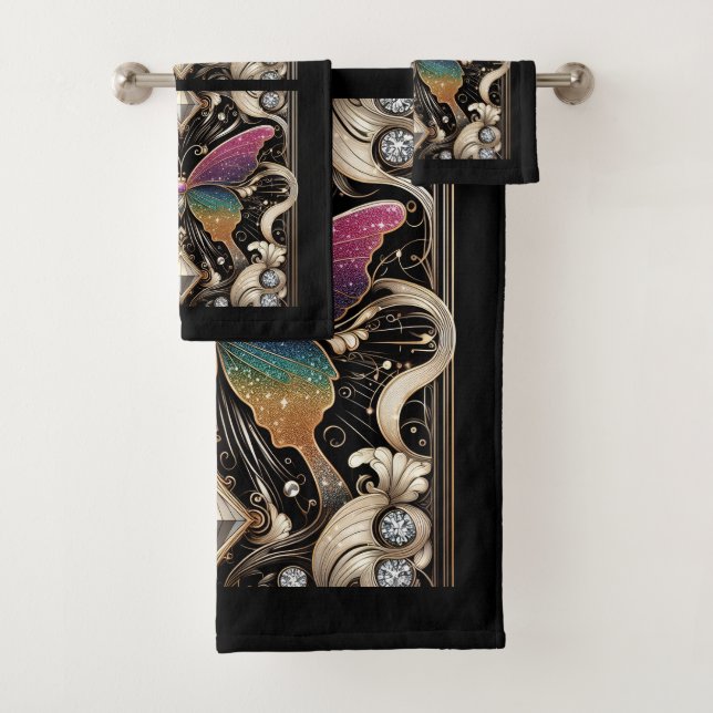 Regenbogen Schmetterling Art Deco Jugendstil Badhandtuch Set (Insitu)