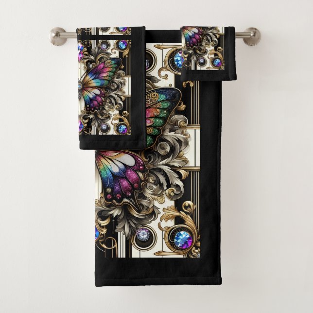 Regenbogen Schmetterling Art Deco Jugendstil Badhandtuch Set (Insitu)
