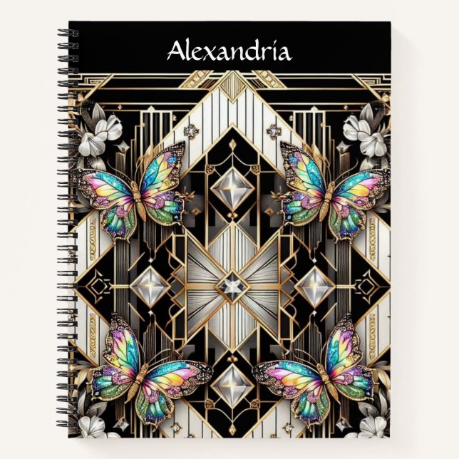 Regenbogen Schmetterling Art Deco Notizbuch (Vorderseite)