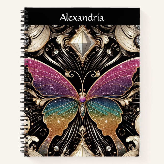 Regenbogen Schmetterling Art Deco Notizbuch (Vorderseite)