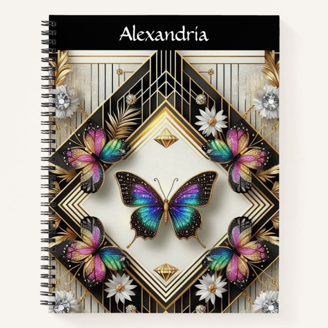 Regenbogen Schmetterling Art Deco Notizbuch (Vorderseite)