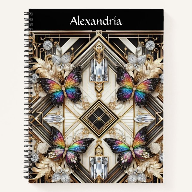 Regenbogen Schmetterling Art Deco Notizbuch (Vorderseite)