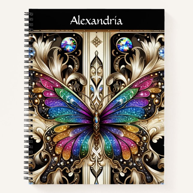 Regenbogen Schmetterling Art Deco Notizbuch (Vorderseite)