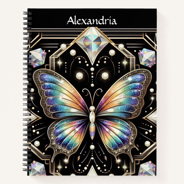 Regenbogen-Schmetterling-Art-Deco-Spiralblock Notizbuch (Vorderseite)