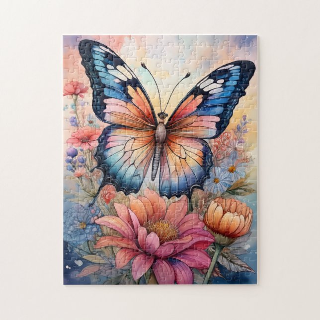 Regenbogen-Schmetterling in einem Blumengarten Puzzle (Vertikal)