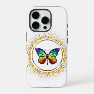 Regenbogen-Schmetterling in einem goldenen Kreis iPhone 16 Pro Hülle