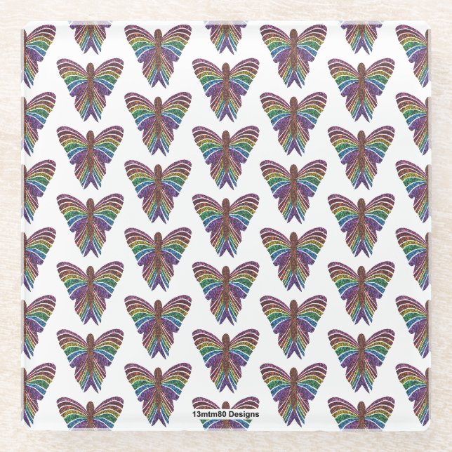 Regenbogen-Schmetterling (weiß) - Glas-Unterleger Glasuntersetzer (Vorderseite)