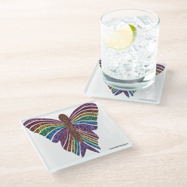Regenbogen Schmetterling (weiß) - Glas Untersetzer (Schrägansicht)