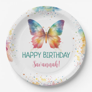 Regenbogen-Schmetterlings-Geburtstag Pappteller