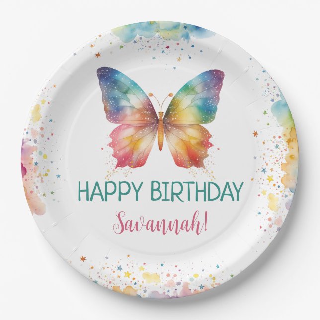 Regenbogen-Schmetterlings-Geburtstag Pappteller (Vorderseite)