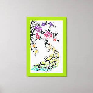 Regenbogen, schwarze Pfau- und Kirschblüten Leinwanddruck