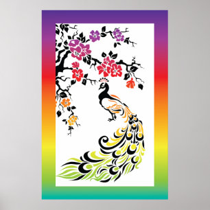 Regenbogen, schwarze Pfau- und Kirschblüten Poster