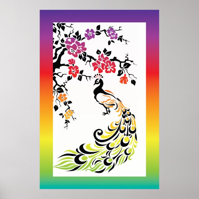 Regenbogen, schwarze Pfau- und Kirschblüten Poster (Vorne)