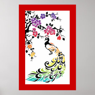 Regenbogen, schwarze Pfau- und Kirschblüten Poster