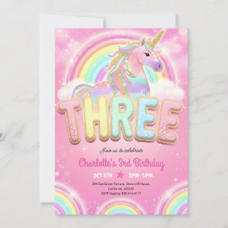 Regenbogen-Sequin-Einhorn 3. Geburtstag Einladung
