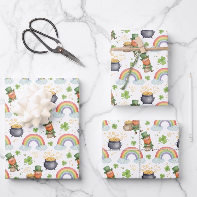 Regenbogen Shamrocks Leprechauns St Patricks Tag  Geschenkpapier Set (Vorderseite)