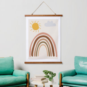 Regenbogen-Sonne-Wolke, Kinderzeichnung, Boho-Abst Wandteppich Mit Holzrahmen
