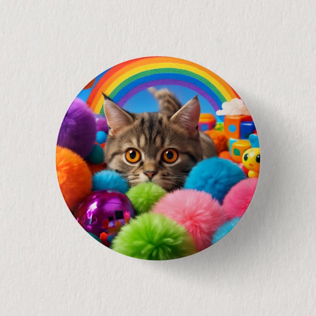 Regenbogen-Spielzeit-Kätzchen Niedliches Tabby-Kat Button (Vorderseite)