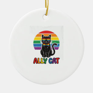 Regenbogen-Stolz Vintage-Katze-Shirt-Design_1 Keramik Ornament