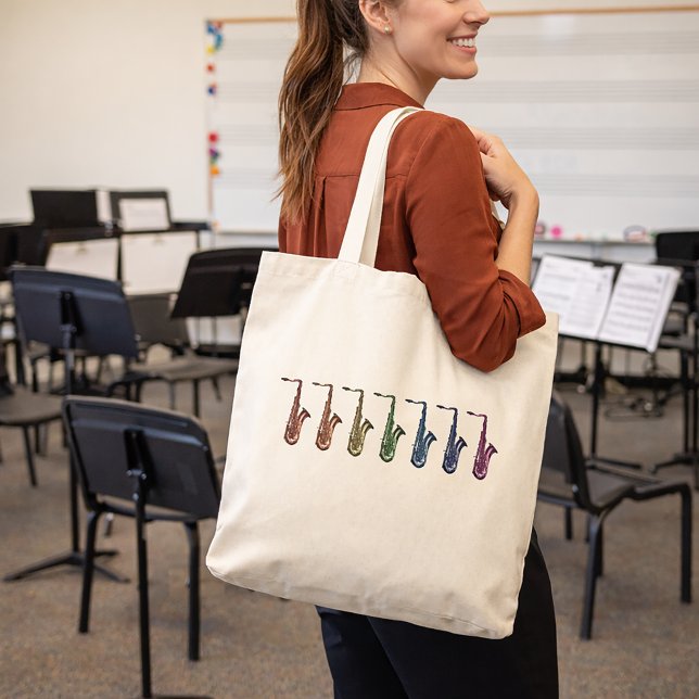 Regenbogen-Tenorsaxophone Tragetasche (A tote bag with a fun rainbow saxophone design.)