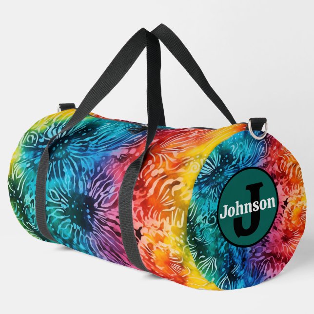 Regenbogen-Tie-Dye-Muster Monogramm personalisiert Duffle Bag (Linke Ecke)