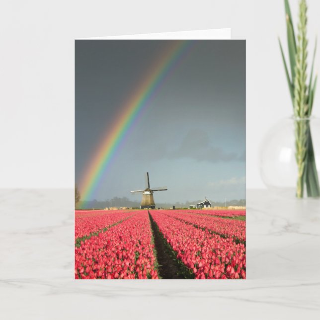 Regenbogen, Tulpen und Windmühle-Grußkarte Karte (Vorderseite)