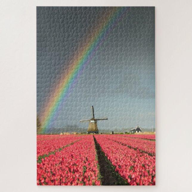 Regenbogen, Tulpen und Windmühle in Holland Puzzle (Vertikal)