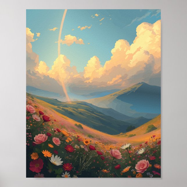 Regenbogen über dem Feld Blume Poster (Vorne)