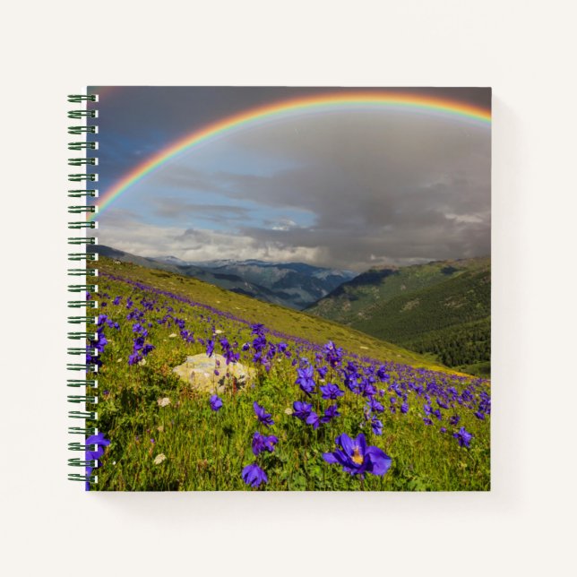 Regenbogen über einer blühenden Wiese Notizbuch (Vorderseite)