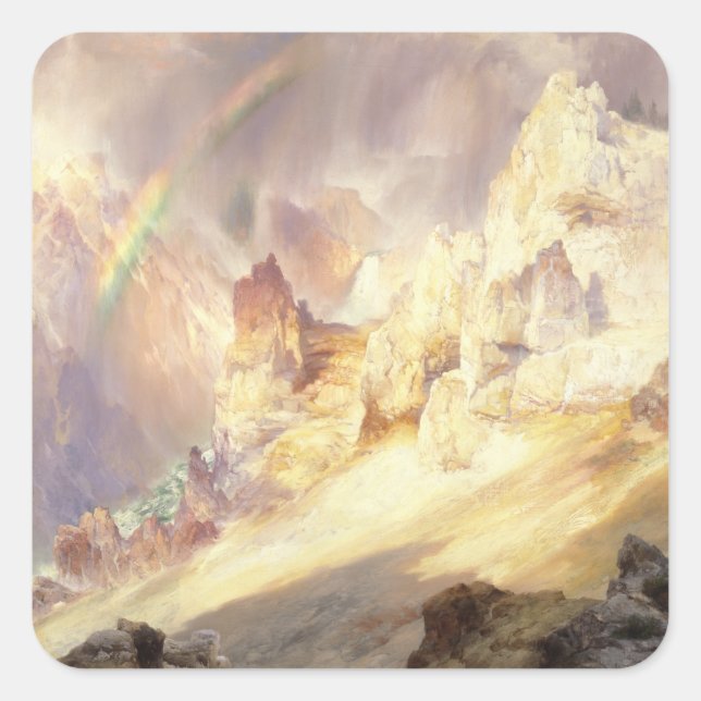 Regenbogen über Yellowstone, Moran 1900 Quadratischer Aufkleber (Vorderseite)