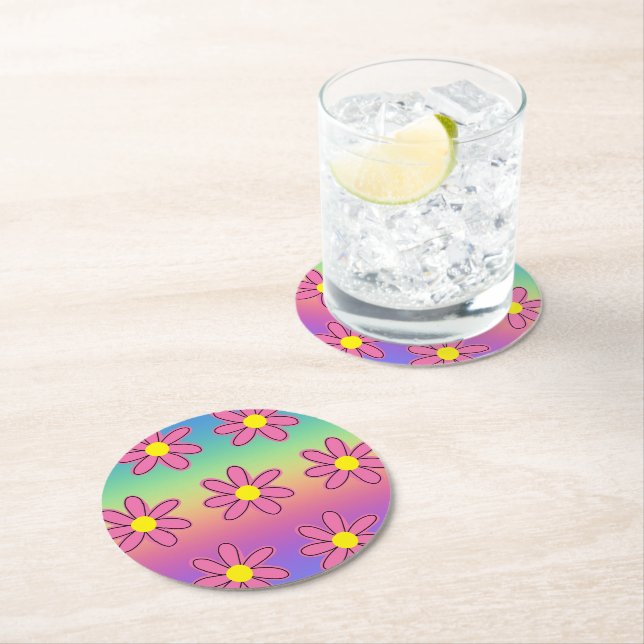 Regenbogen und Blume Runder Pappuntersetzer (Vor Ort)