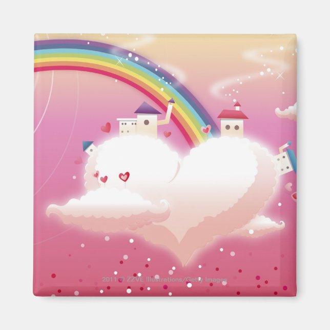 Regenbogen und Gebäude auf Wolken Magnet (Vorne)