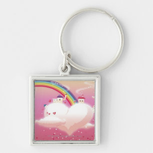 Regenbogen und Gebäude auf Wolken Schlüsselanhänger