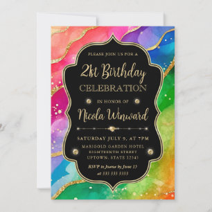 Regenbogen und Gold Glitter Alkohol-Tinte 21. Gebu Einladung