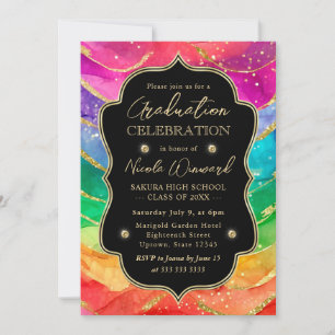 Regenbogen und Gold Glitter Alkohol Tinte Abschlus Einladung