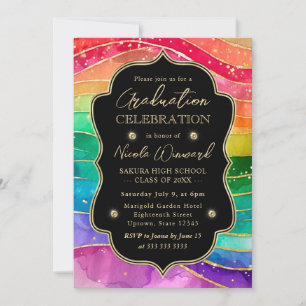 Regenbogen und Gold Glitter Alkohol Tinte Abschlus Einladung