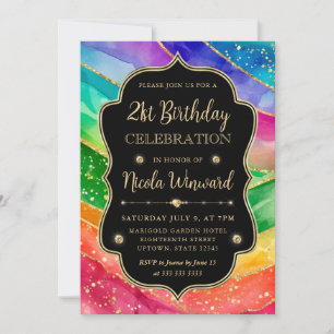 Regenbogen und Gold Glitter Alkoholtinte 21. Gebur Einladung