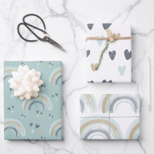 Regenbogen und Herz in Boho Mutes blaues Muster Geschenkpapier Set