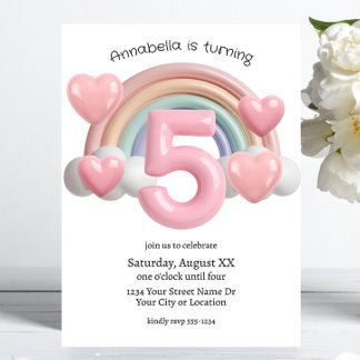 Regenbogen und Herzen 3D 5. Geburtstagsfeier Einladung