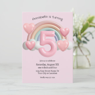 Regenbogen und Herzen 3D 5. rosa Geburtstagsfeier Einladung