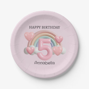 Regenbogen und Herzen 3D 5. rosa Geburtstagsfeier Pappteller