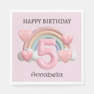 Regenbogen und Herzen 3D 5. rosa Geburtstagsfeier Serviette