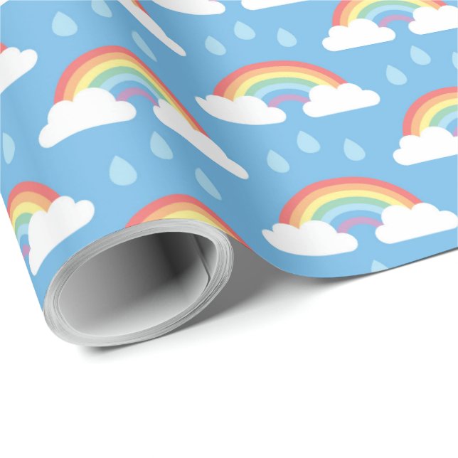 Regenbogen und Regentropfen auf Light Blue Geschenkpapier (Rolleneckpunkt)