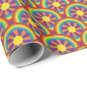Regenbogen und Sonnengrafik im Stil der Siebzigerj Geschenkpapier