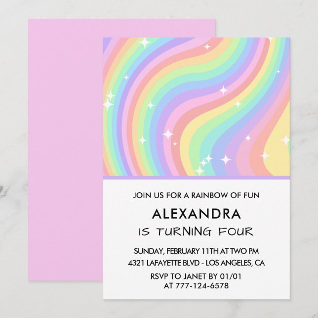 Regenbogen-Vierter-Geburtstag Moderne Mädchen Einladung (Vorne/Hinten)